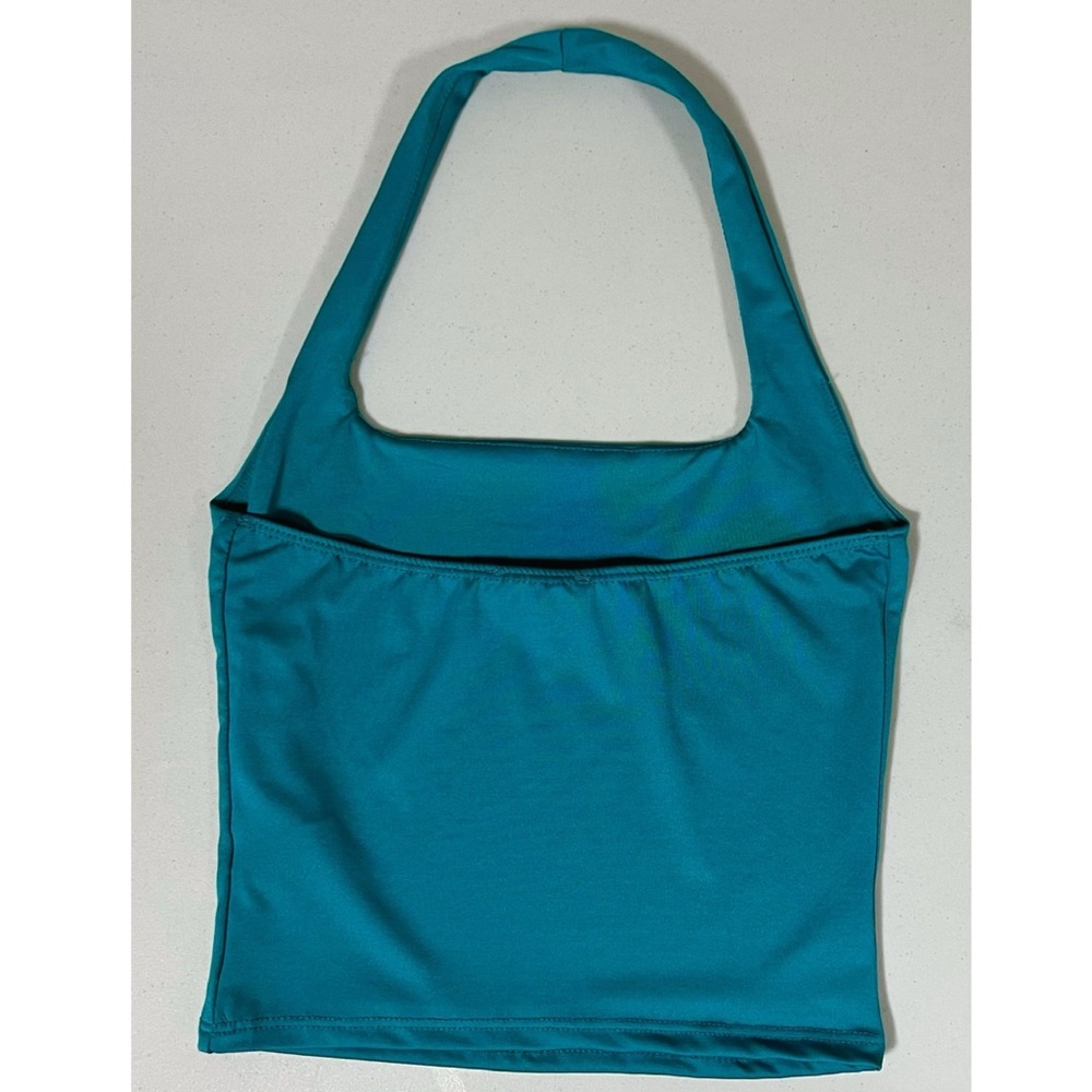 Teal Green Blue Solid Square-Neck Halter Top Shir… - image 5